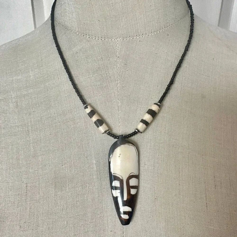 Vintage Hand-Carved Horn Face Mask Necklace